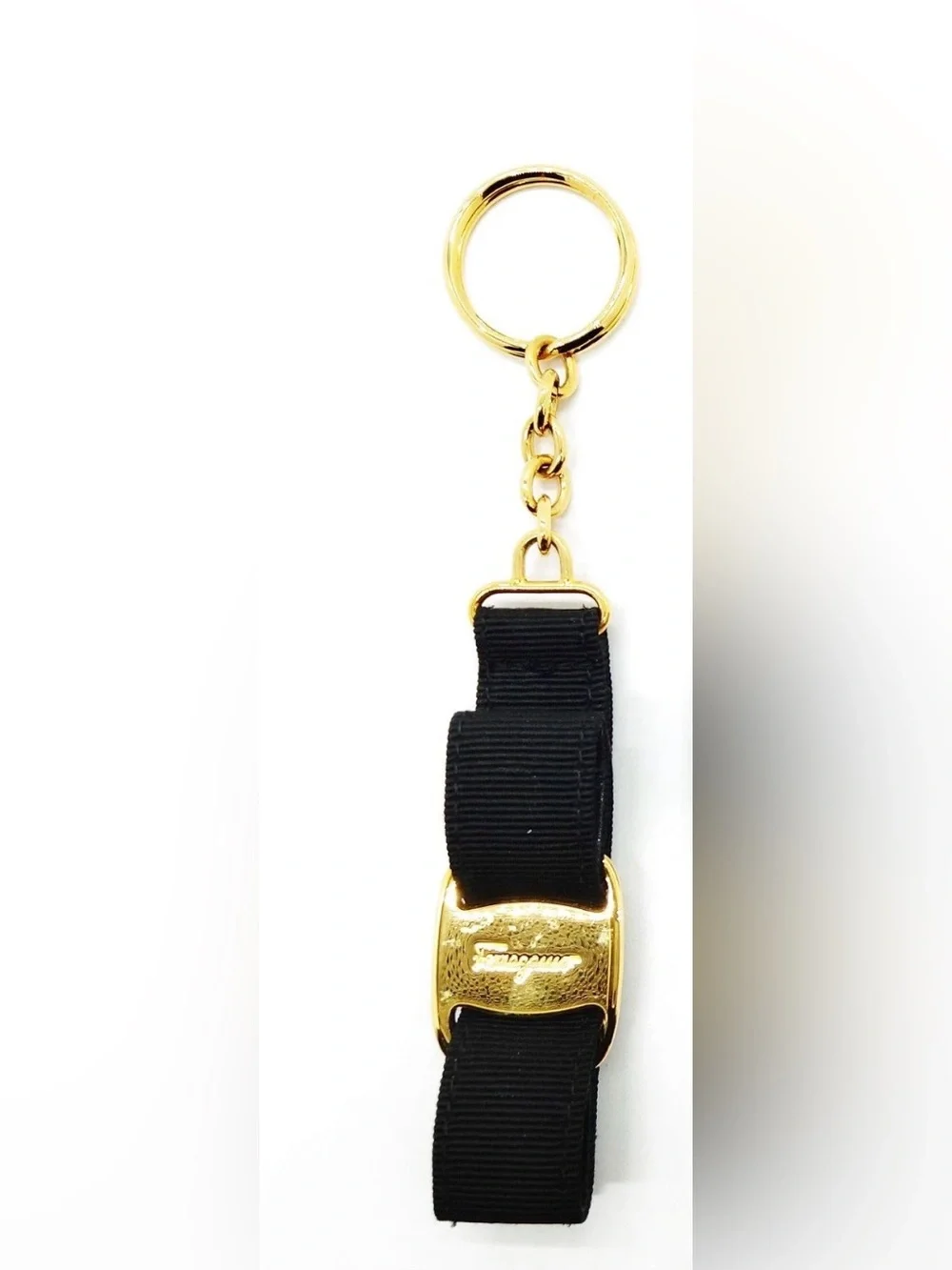 Salvatore Ferragamo Gold Buckle Black Ribbon Keychain box included